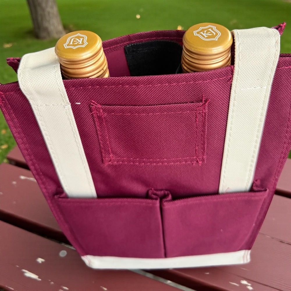 True Tote 2-Bottle Wine Carrier – Burgundy & Cream Canvas